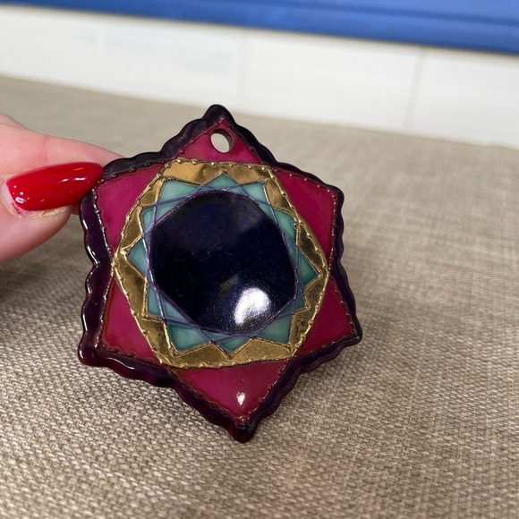 Geometric Design Pendant Multicolor Purple Gold Signed 6 Point Star - Picture 1 of 5